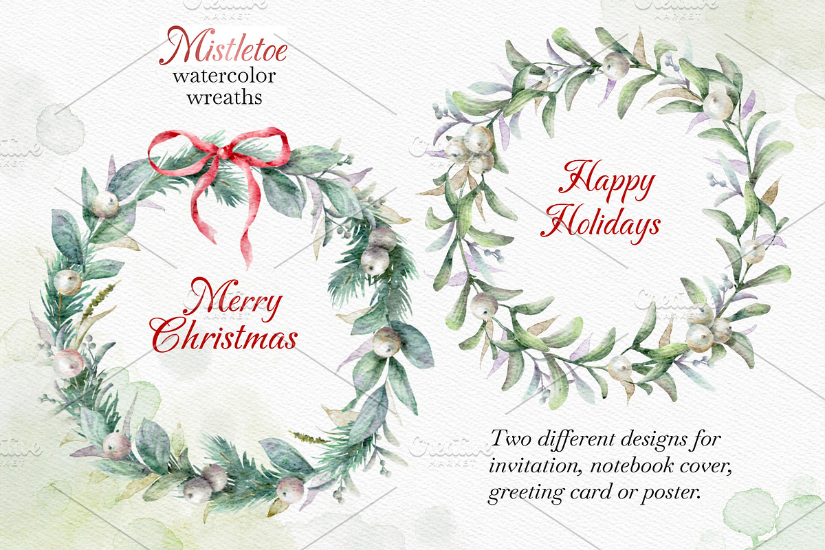 Mistletoe Watercolor Clipart., a Decorative Illustration by VetaDesign (Photo 5 of 12)