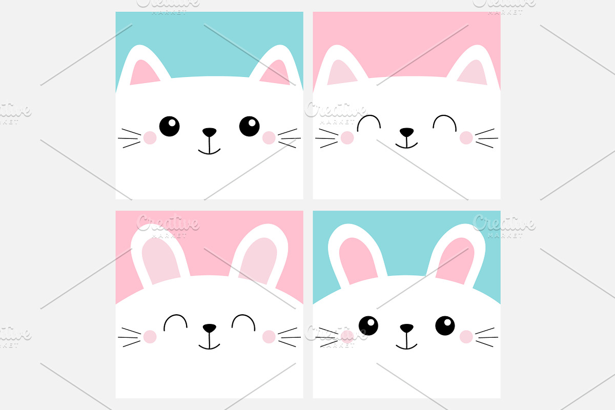 White cat rabbit bunny head face set, an Animal Illustration by ...