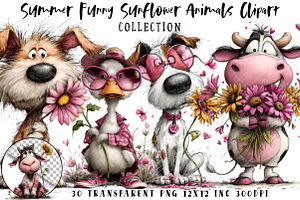 Summer Funny Sunflower Animals Clipa, an Illustration by OK Design