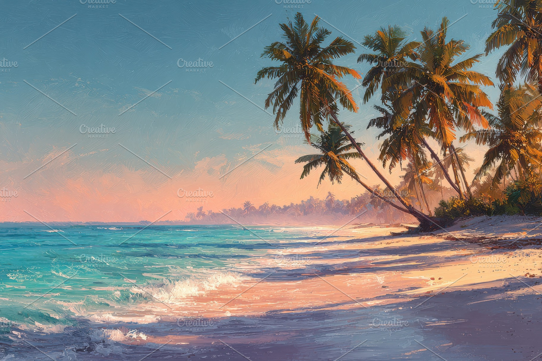 Tropical beach sunset palm trees oce, a Photo by Pixeness Studio