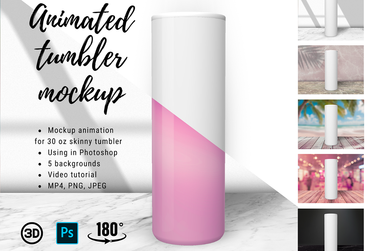 3D animated skinny tumbler mockup, a Product Mockup by Trendingdigital (Photo 1 of 7)