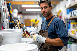 Painter standing with white buckets in a warehouse, a Person Photo by DanFLCreativo