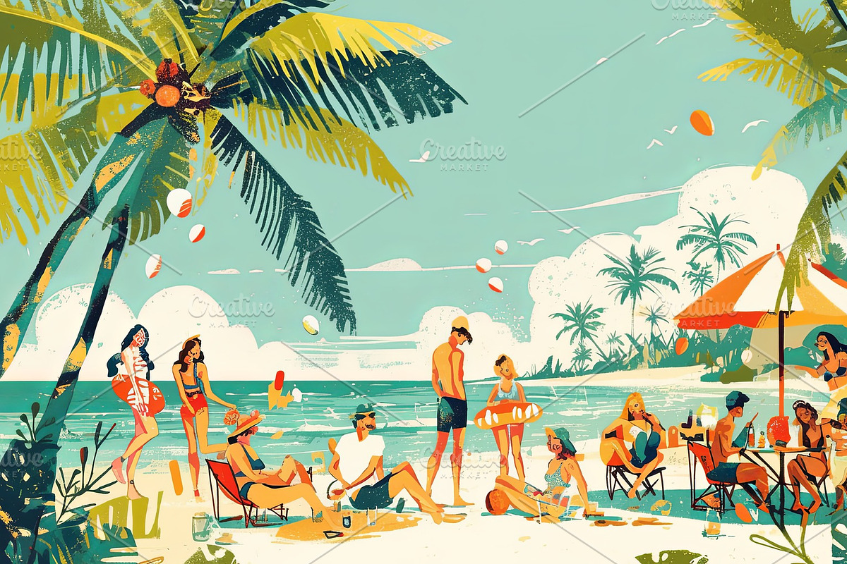 Group enjoying sunny day at tropical beach under palm trees, an Illustration by AS photostudio