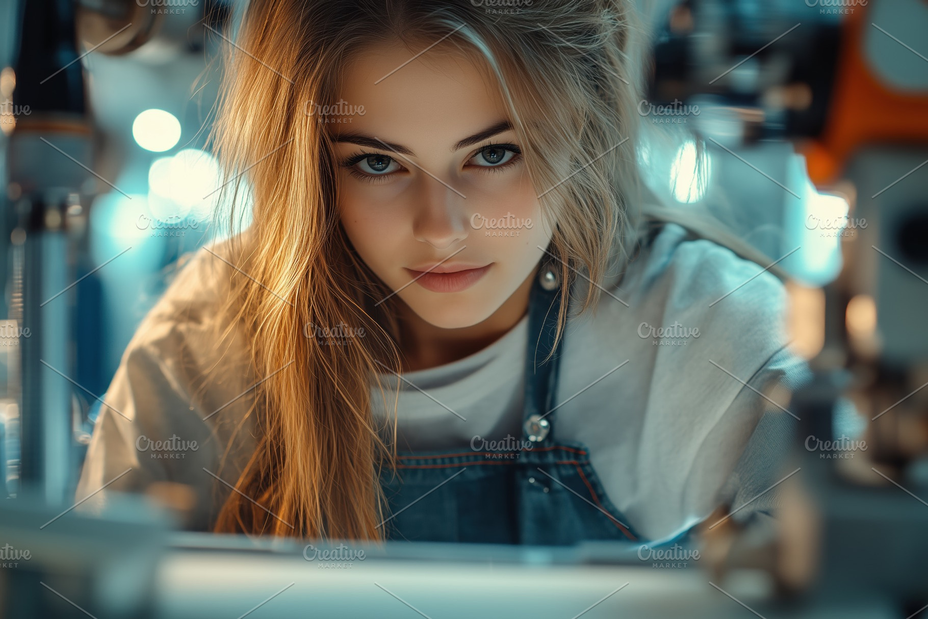 A focused young garment technologist woman with long hair, wearing an apron, lo, a Person Photo by Textures & Backgrounds