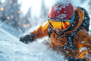 Snowboarder navigates challenging te, a Photo by Tanuart
