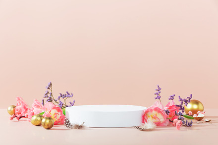 Empty round podium, easter gold eggs with spring tulip flowers o, a Holiday Photo by Natalia Klenova's Shop