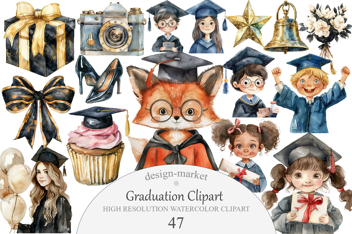 Watercolor Graduation Clipart, an Illustration by Design Market (Photo 1 of 5)