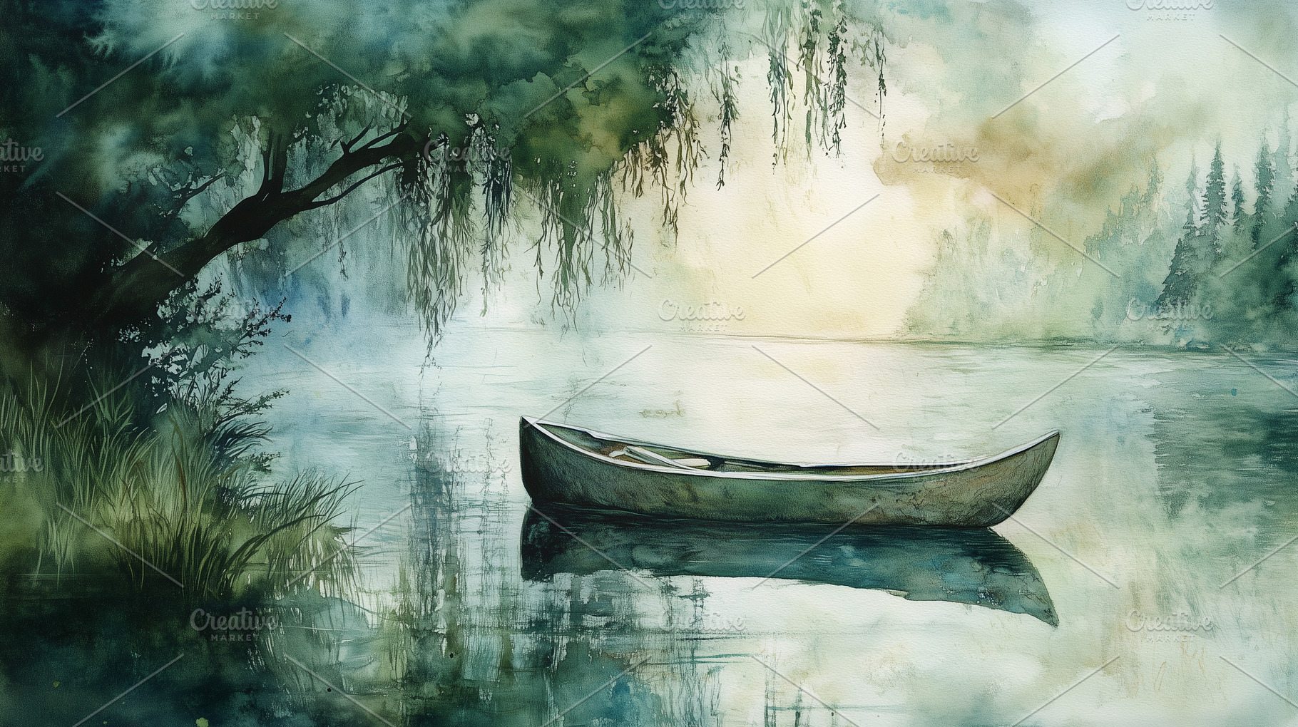 Watercolor landscape with boat, a Nature Photo by MistyDay