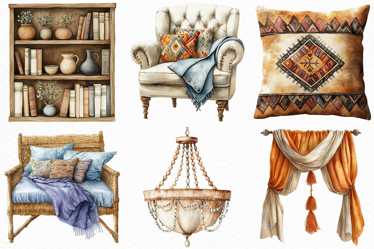 Watercolor Boho Interior Clipart, an Illustration by Craft Nest (Photo 5 of 6)