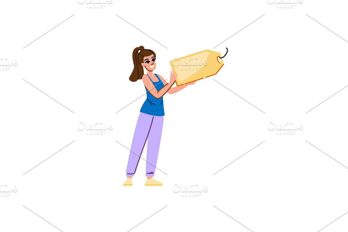 Woman holding large blank price tag, a Person Illustration by pikepicture