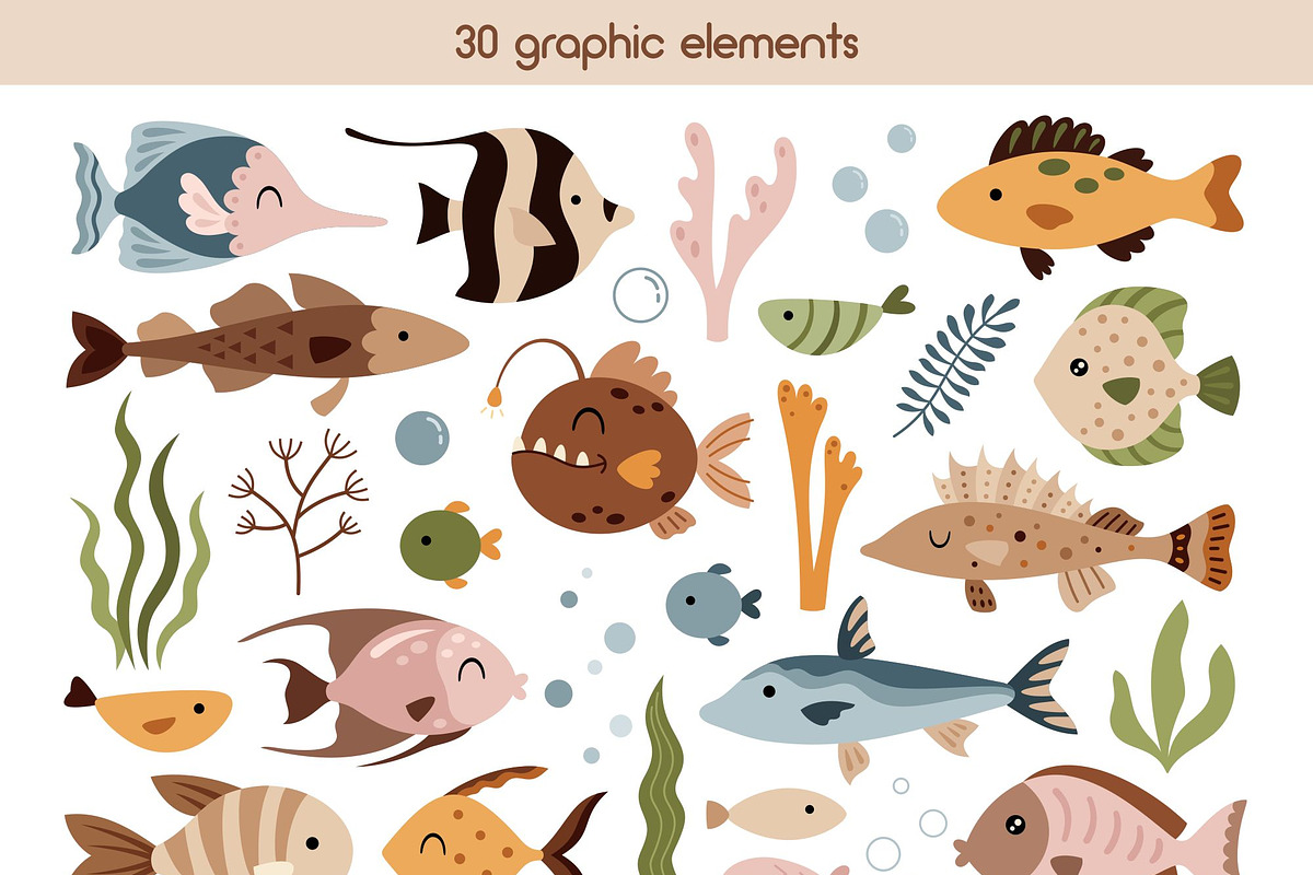 Fish clipart & pattern, a Seasonal Illustration by JulzaArt (Photo 2 of 9)