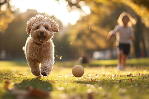 Joyful dog runs in the park with bal, an Animal Photo by Pixeness Studio