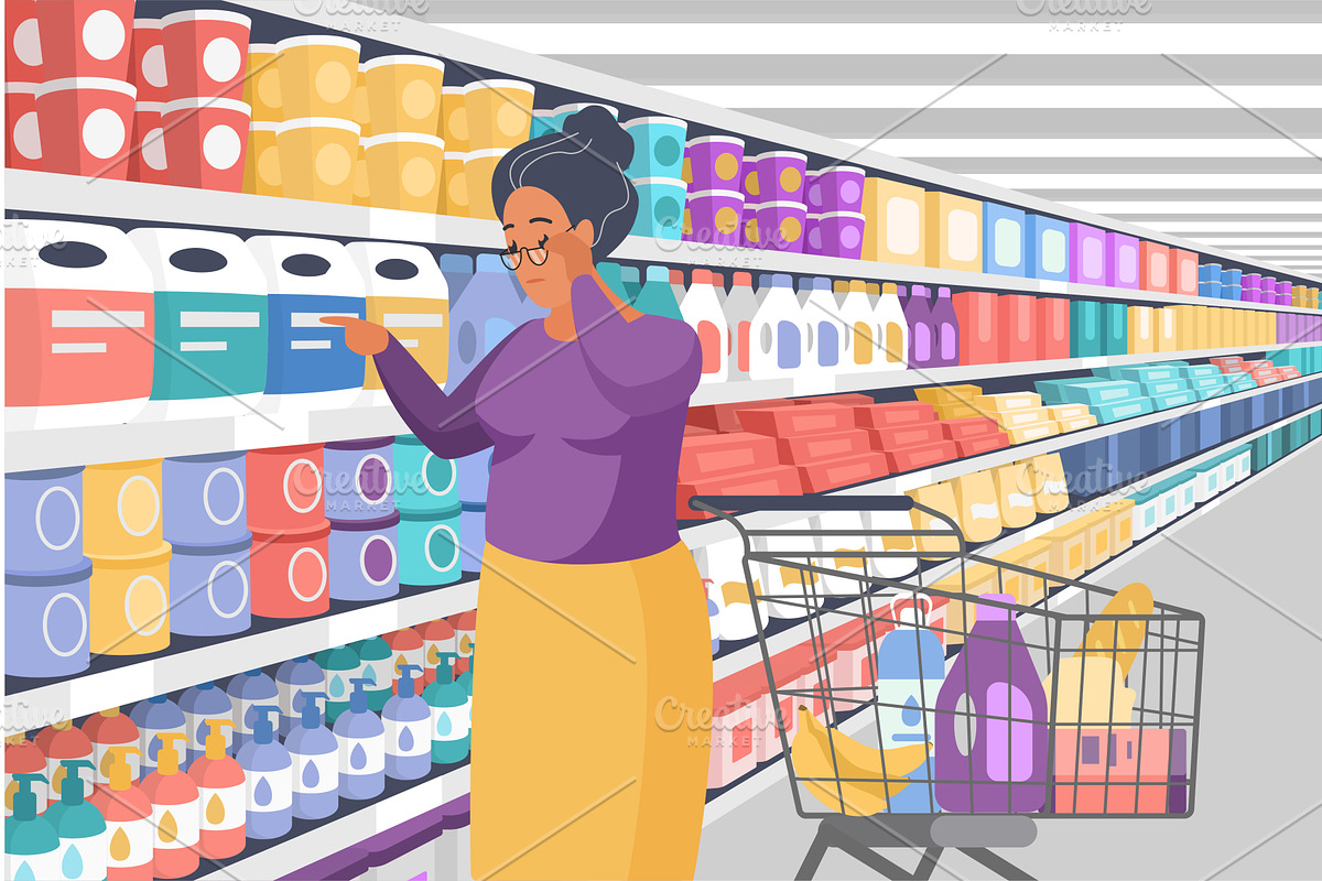 Shopping supermarket elderly woman, a Food Illustration by Lemberg Vector