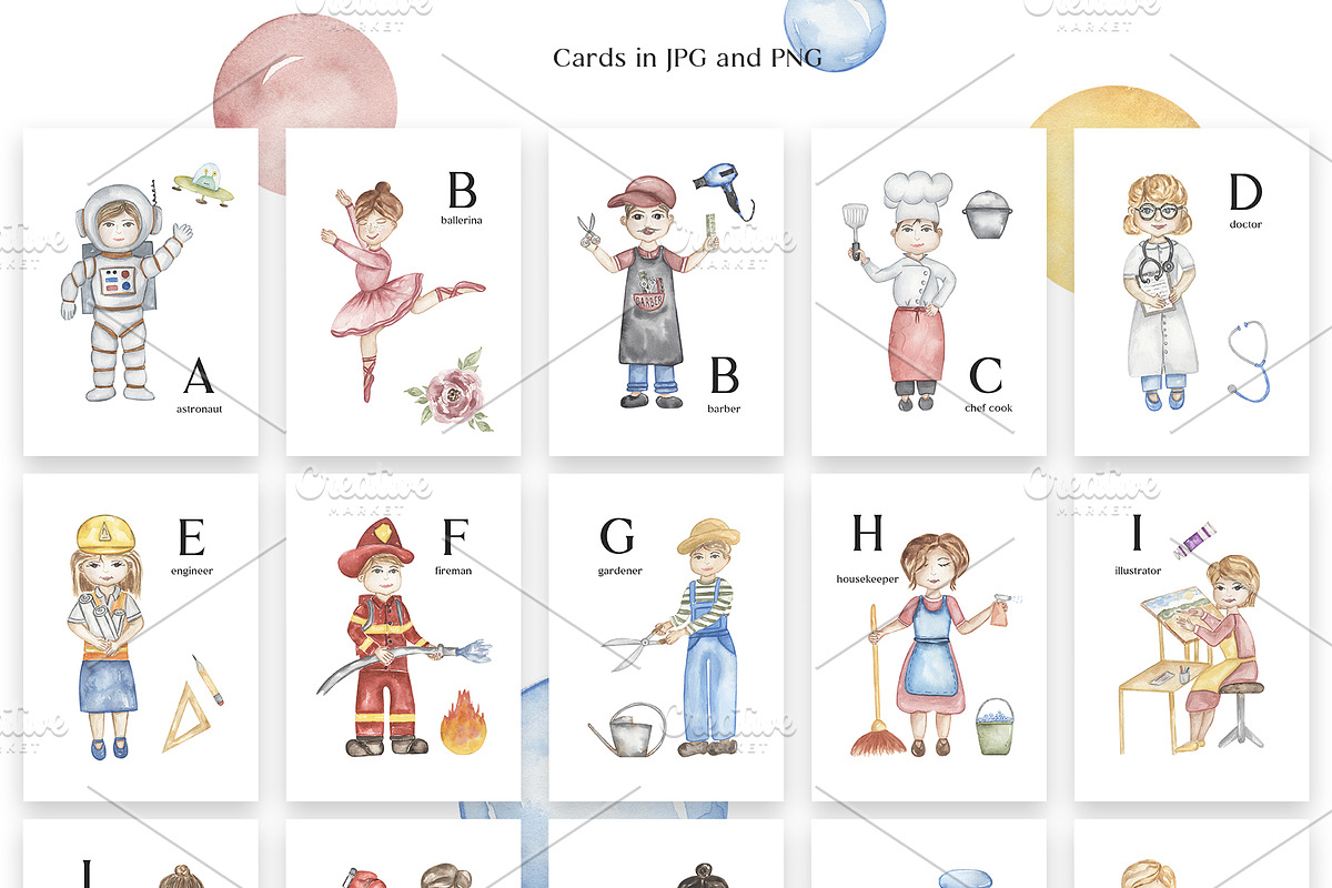 Watercolor Cute Alphabet Professions, an Education Illustration by MayaNavits (Photo 3 of 12)