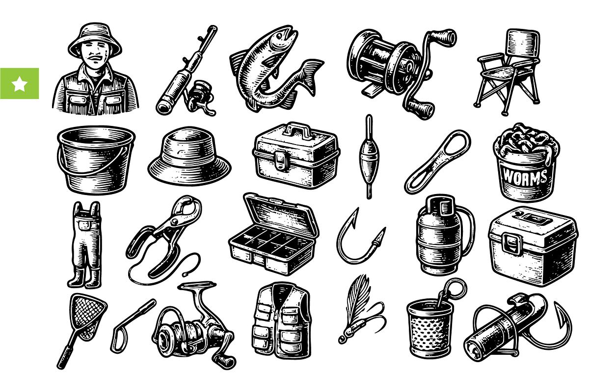 Fishing Tools and Fisherman Set, an Object Graphic by RT Studio