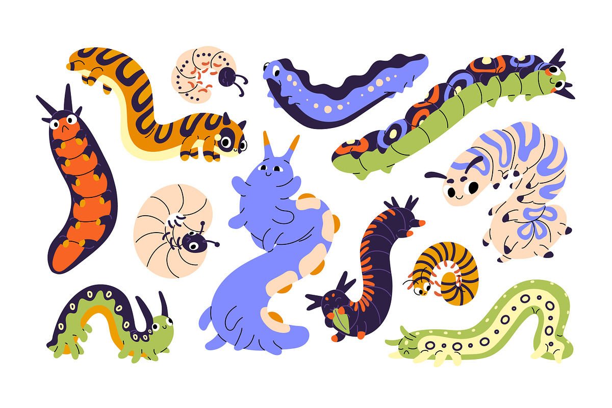 Cute cartoon caterpillars set, an Animal Illustration by PaperTrident (Photo 2 of 4)