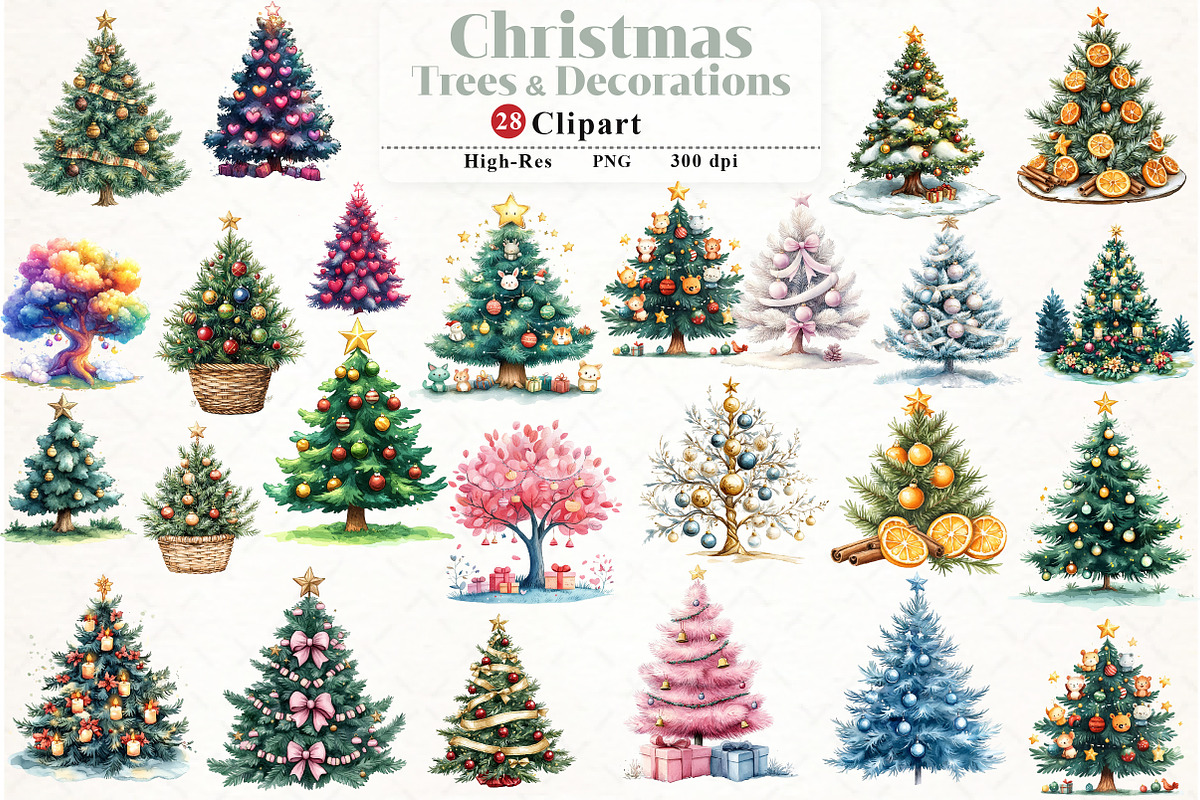 Christmas Trees & Decoration Clipart, an Illustration by Watercolor design (Photo 1 of 4)