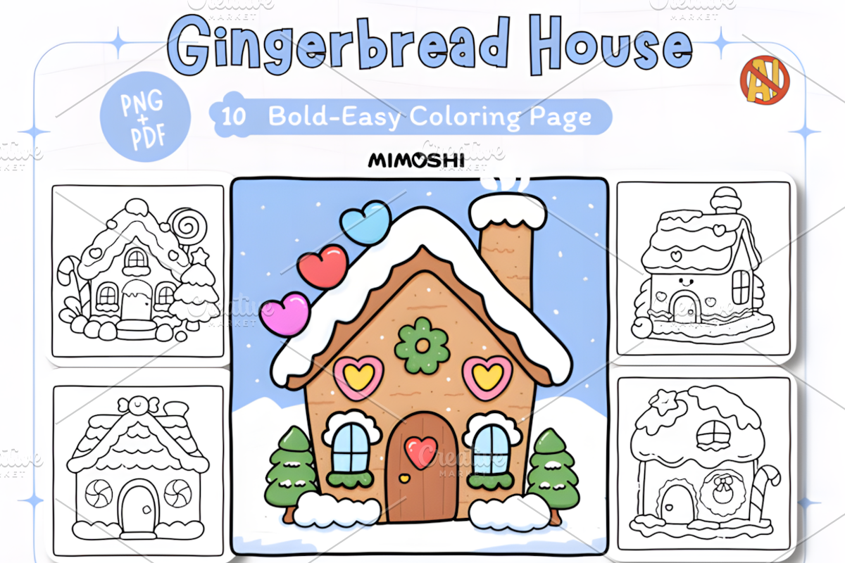 Gingerbread House Coloring Pages, a Seasonal Illustration by Coco Bloom (Photo 1 of 4)