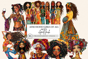 AFRO BOHO GIRLS ALL AGES CLIPART, a Person Illustration by Daring Digies