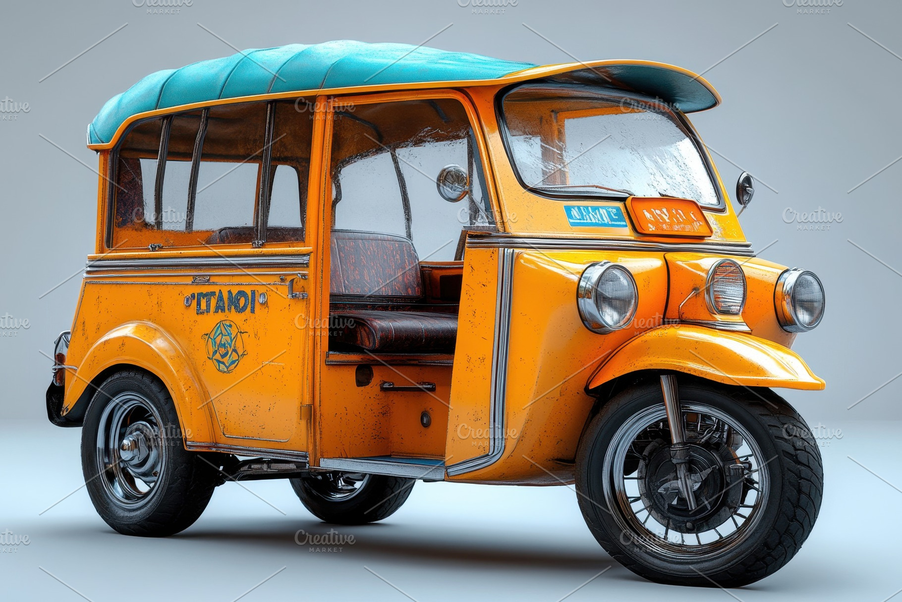 Classic yellow tuk-tuk with blue can, a Photo by Tanuart