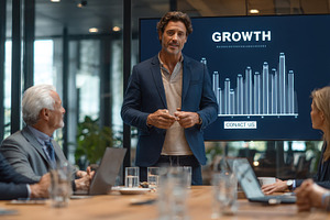Businessman Giving Growth Presentati, a Photo by Pixeness Studio