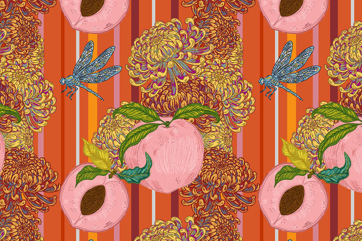 Peach, Chrysanthemum and Dragonfly, a Pattern Graphic by NayaChu (Photo 9 of 9)