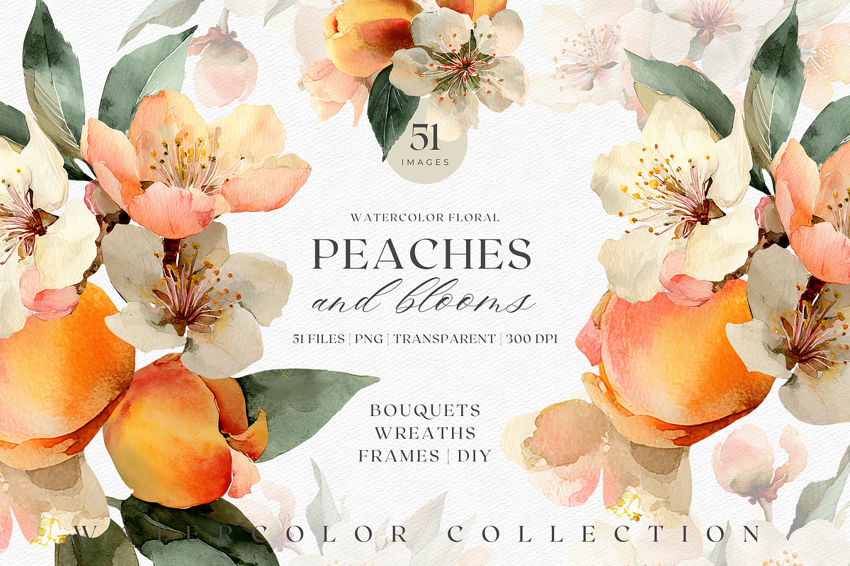 Watercolor Peach Bouquet Clipart, a Decorative Illustration by ThaismotaCreativeCo (Photo 1 of 13)
