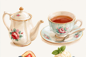 Vintage english tea time collection featuring delicate watercolor teapot, teacu, an Illustration by Studio ANNA