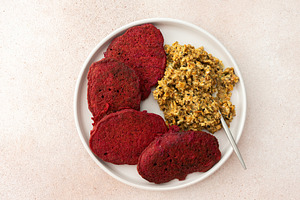 Enjoy beet pancakes with sunflower, a Food & Drink Photo by Pundateam