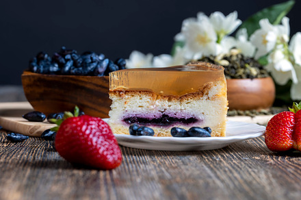 Delicious cake with blueberry filling and transparent jelly, a Food & Drink Photo by MyPhotos