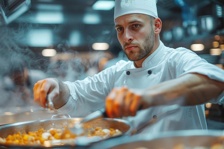 Professional Chef in Uniform Cooking Delicious Soup in a Busy Restaurant Kitche, a Photo by AS photostudio