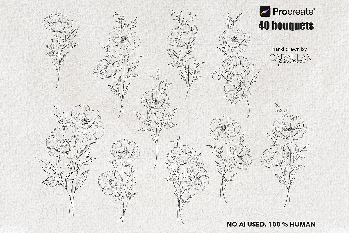 Poppy Fine Line Procreate Stamps, a Brush Add-On by CaraulanStore (Photo 6 of 8)