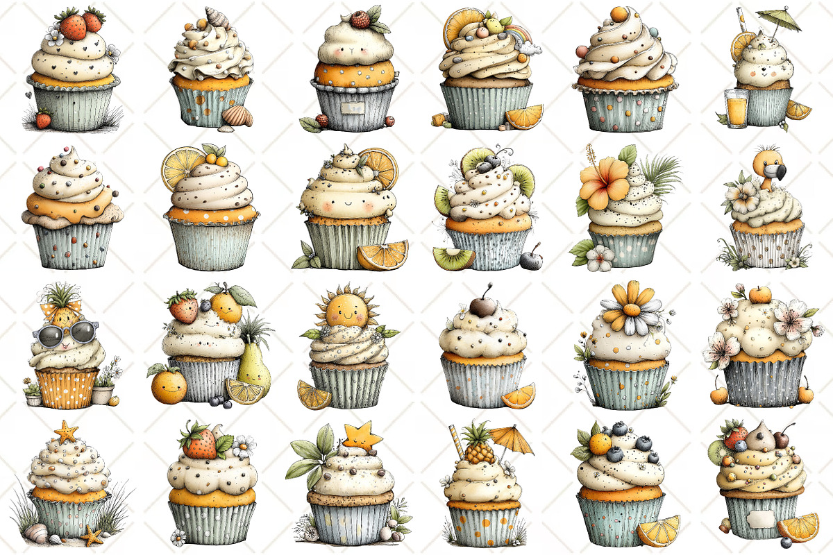 Watercolor Summer Cupcake Clipart, an Illustration by Black Bird Studio (Photo 2 of 5)