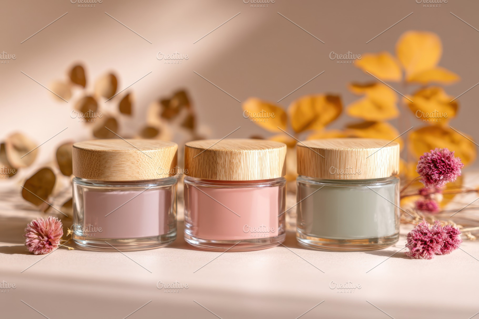 Pastel jars with wooden lids and dried flowers, a Beauty & Fashion Photo by AlyaAnd