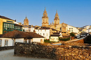 Historic Cityscape with Cathedral Towers and Stone Wall, Lugo, S