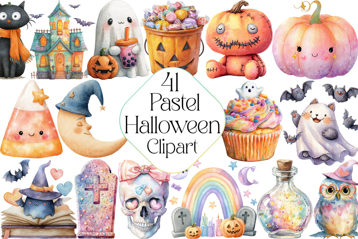 Pastel Halloween Clipart Watercolor, an Illustration by DreamPrint404 (Photo 1 of 5)