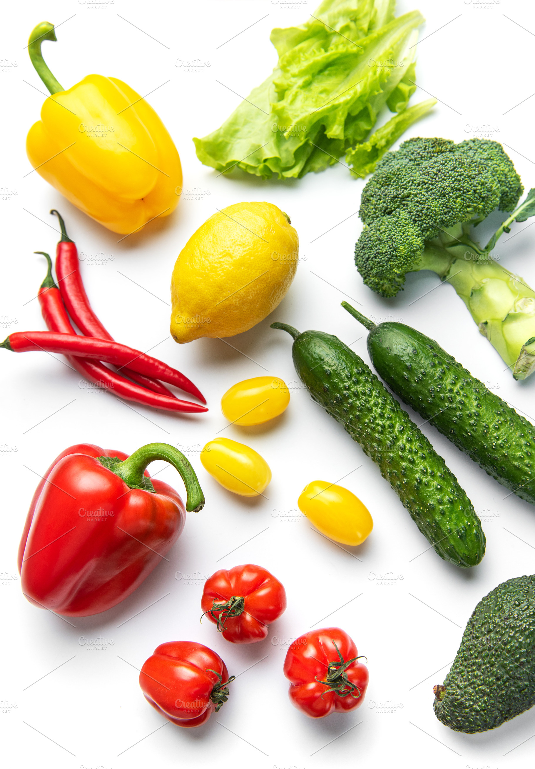 Colorful fresh vegetables and fruits forming healthy food mosaic, a Food & Drink Photo by Olena Rudo