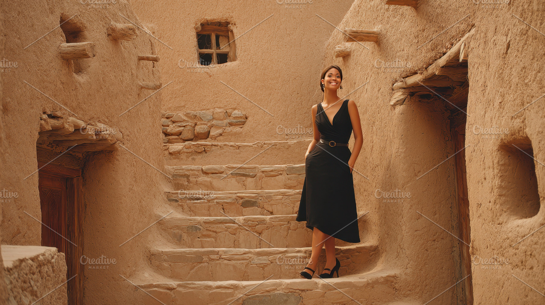 Woman stands in historic village, a Photo by Beautiful things