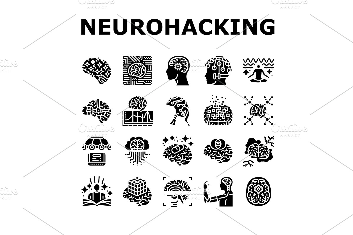 neurohacking neuroplasticity icons, an Object Illustration by pikepicture