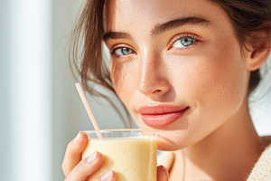 Woman sips smoothie in light, a Photo by Beautiful things