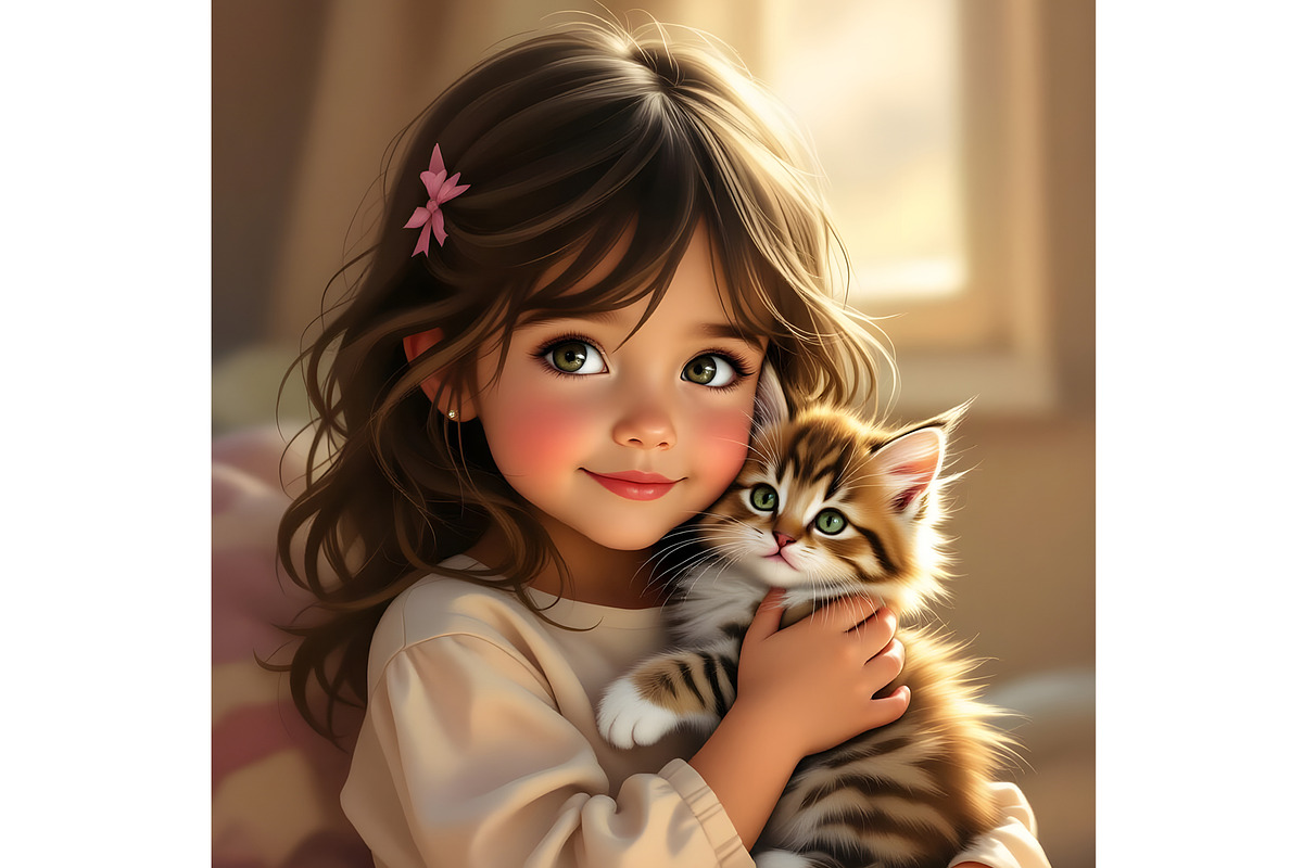 Girl Child with Kitten, an Animal Illustration by Sharon Schwalbe (Photo 2 of 3)