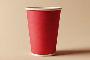 Minimalist red paper coffee cup standing upright on a neutral ba, an Abstract Photo by Ales Munt
