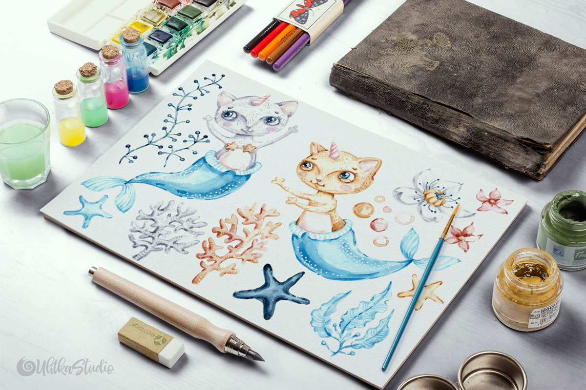 Cat Mermaid watercolor clipart, an Animal Illustration by UlitkaStudio (Photo 7 of 10)