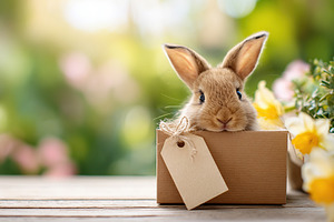 Cute rabbit sitting in a small box surrounded by flowers during a sunny day, a Photo by AlyaAnd