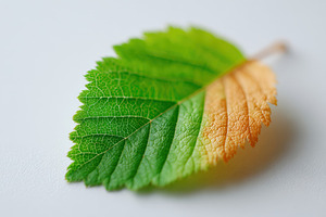 Half green half brown leaf on white background, a Nature Photo by AlyaAnd