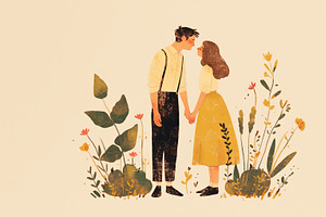 Charming illustration of couple holding hands surrounded by floral elements, an Illustration by AS photostudio