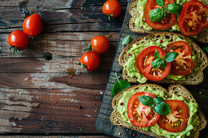 Toast bread with avocado puree and tomatoes on wooden table. Vegetarian food., a Food & Drink Photo by AlyaAnd