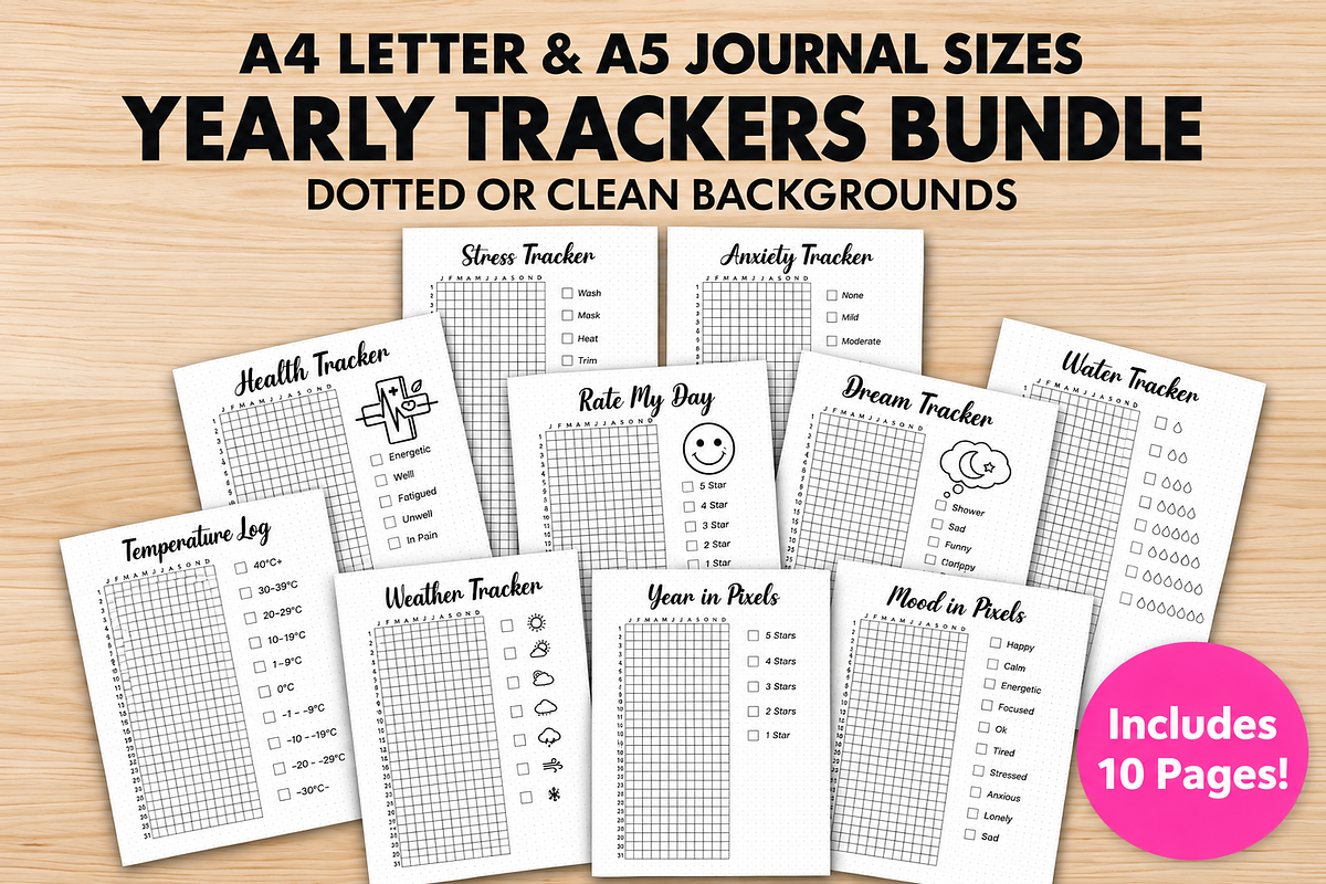 Yearly Trackers Bundle, a Stationery Template by DreamyOverlay (Photo 1 of 9)