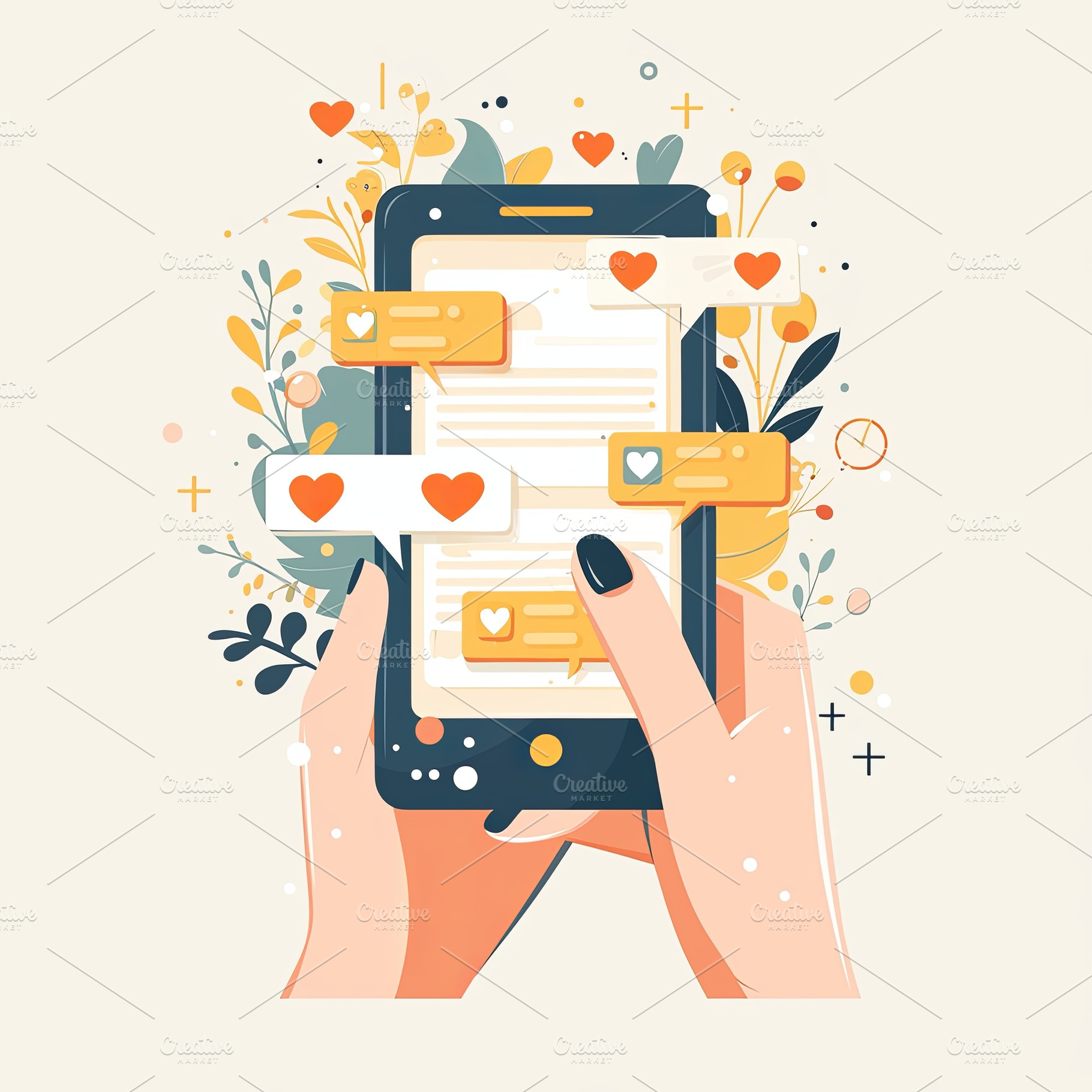 Illustrated artwork of hands holding a phone with chat message notifications di, a Photo by AS photostudio