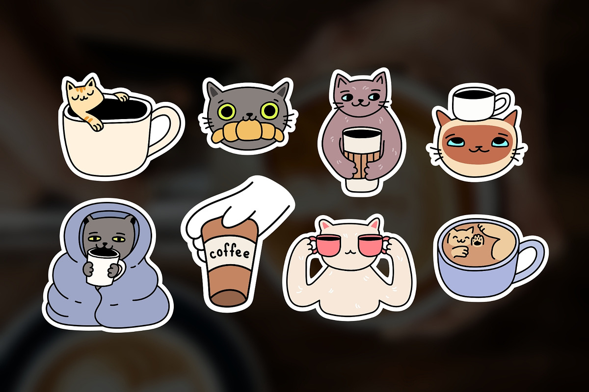 22 Hand Drawn Cats & Coffee Stickers, a Food Illustration by Kristina Chistiakova (Photo 4 of 7)